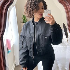 Avec Les Filles Black Shrunken Nylon Bomber Jacket Size Extra Large